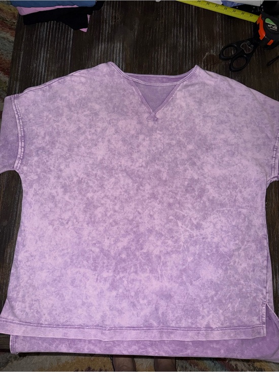 None Tops - Women's Lavender Mineral-Wash Short Sleeve Top 1X